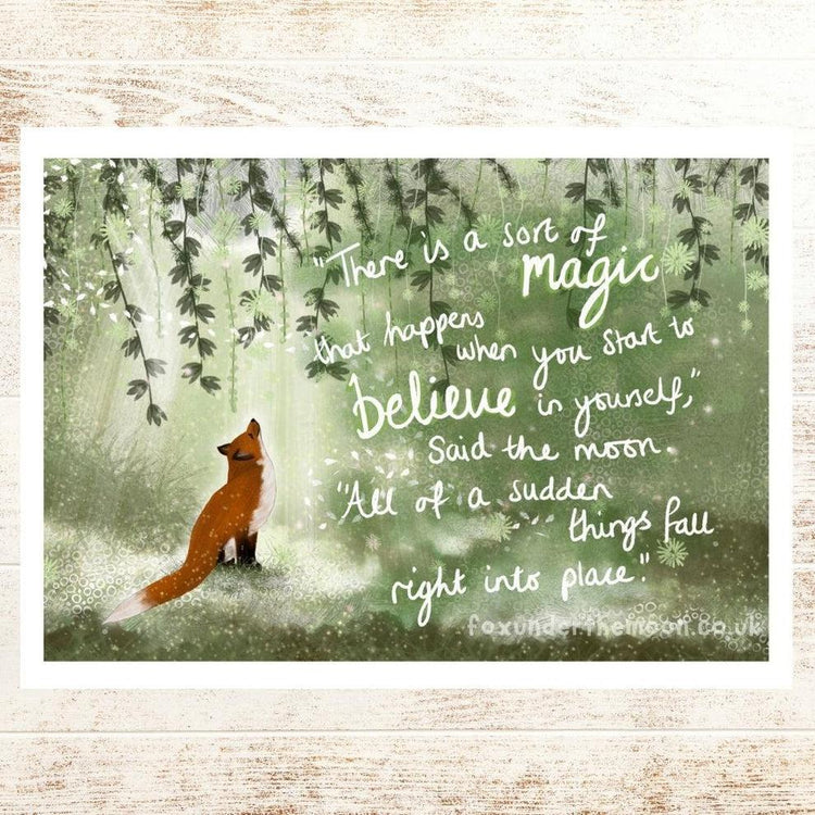 A Fox Under The Moon Print with a sentiment about Believe In Yourself along with the image of a fox all on a green background.