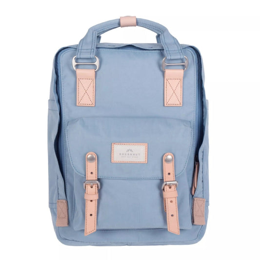 Light blue backpack with pink straps on a white background