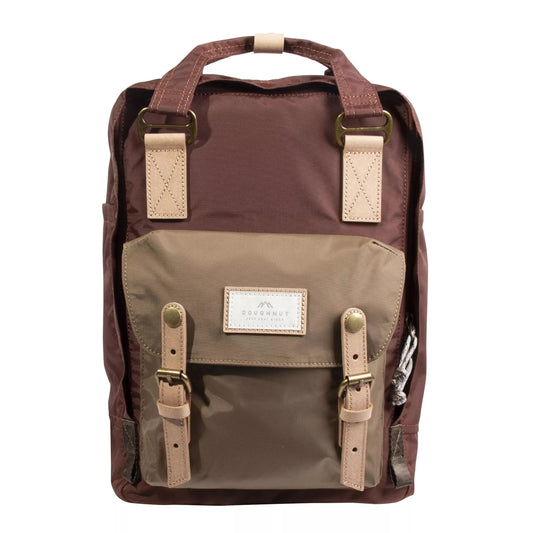 Brown and beige backpack with a visible brand label on a white background