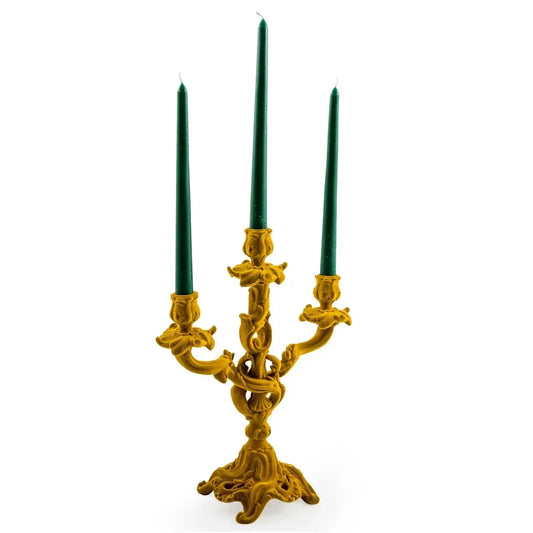 Mustard Yellow Ornate Flock Candelabra-Breda's Gift Shop